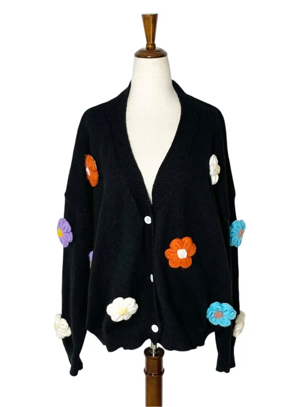 Crochet Flowers Cardigan Black Size 2X - Image 4