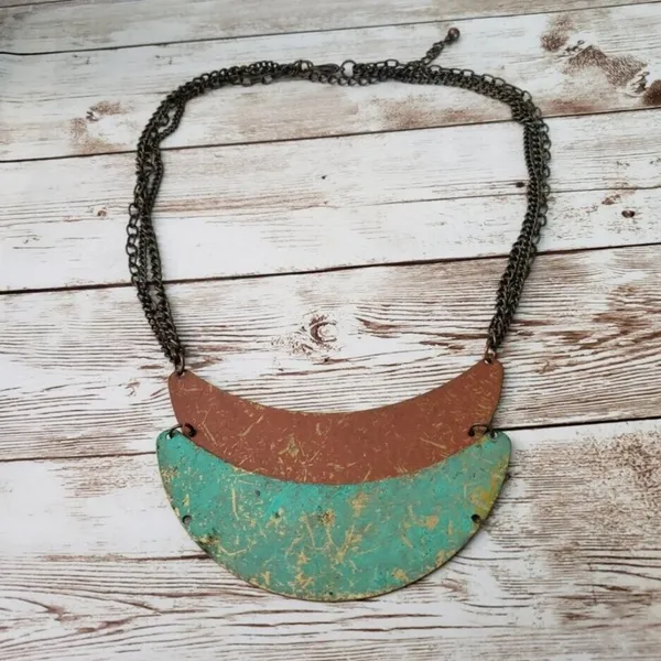 Vintage Necklace Statement Metal Necklace with Green & Orange Tones - Image 3