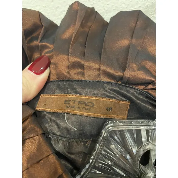 Etro Blouse Womens 48 Brown 100% Silk Ruffle High Neck Button Top Made In Italy - Image 3