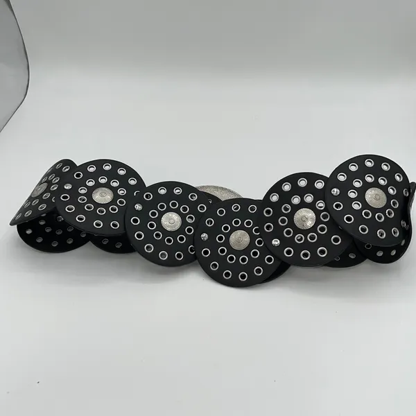 Womens Statement Belt Black Round‎ Circle Studded Belt Ornate Silver Buckle Y2K - Image 4