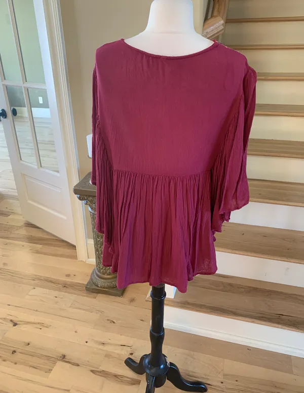 Flowy Maroon Hippie Top Embroidered Top Batwing Shirt Womens M Earthy - Image 8