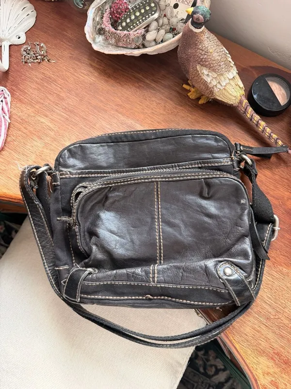 Fossil Black Canvas Leather Trim Crossbody Square Messenger Bag - Image 8