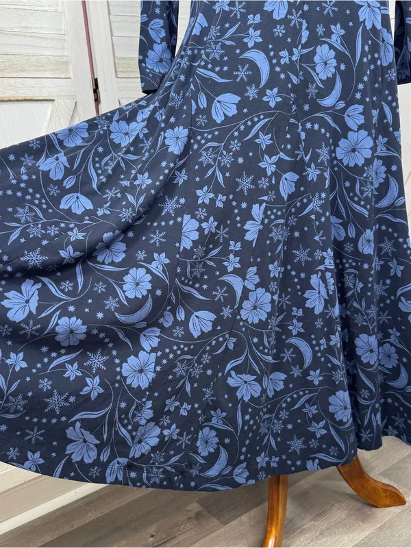 Loft Floral Snowflake Mock Neck Long Sleeve Maxi Dress Blue XS Winter Chic Boho - Image 7