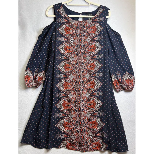 AUW Cold Shoulder Shift Dress Size 12 Navy Orange Paisley Boho 3/4 Sleeve 459477 - Image 2