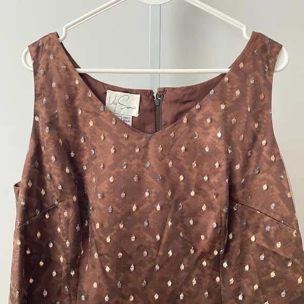 Lily Samii Silk Office Siren MobWife Polka Dot‎ Sleeveless Blouse Brown - Image 2