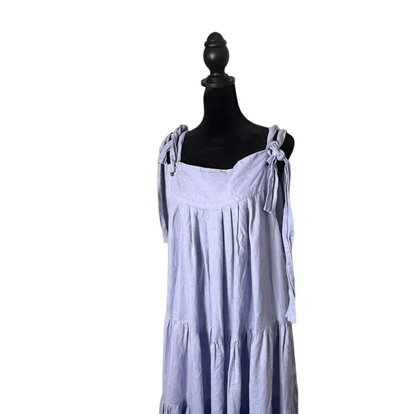 Womens Tiered Tie Should BOHO Pinafore Maxi Dress OS Lavender 100% Linen - Image 11