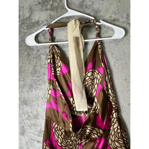 Anka 100% Silk Halter Dress Pink Brown Floral A Line Midi Size Medium Y2K Baddie - Image 4