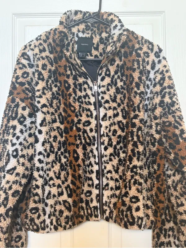 Forever 21 Leopard Print Teddy Jacket - Brown/Black/Cream - Image 2