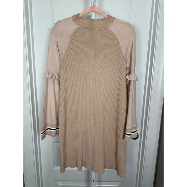 Free People Zou Bisou Sweater Dress Beige Ruffle Sleeve M‎ NWT Boho Chic - Image 2