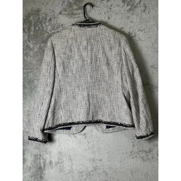 J. Crew Terrazo Tweed Jacket Navy White Linen Blend Chain Fringe Trim 12 Career - Image 3