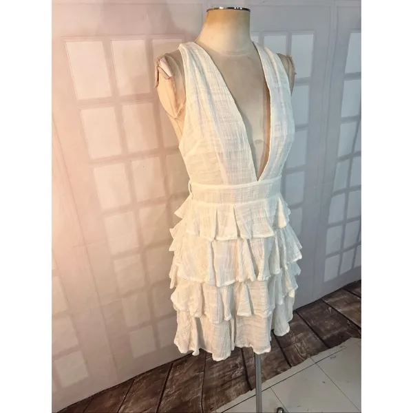 Saints & Secrets White Plunging Neck Ruffle Tiered Sleeveless Mini Dress Medium - Image 2