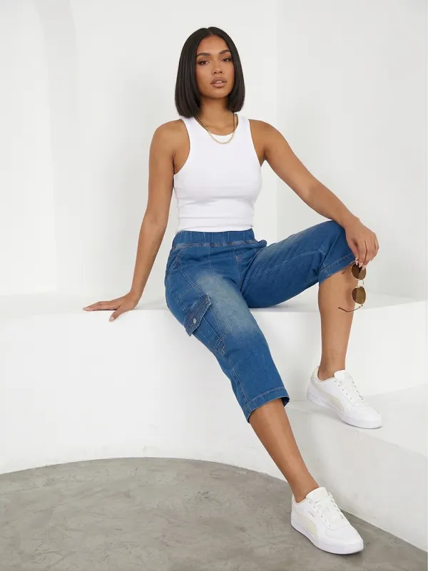 Urban Breeze Indigo Cargo Capris | Street Chic Summer Utility - Image 2