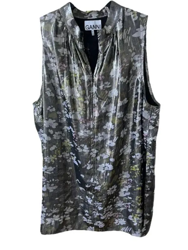 Ganni Floral print silk blend Metallic top Olive Green size 6 - Image 5
