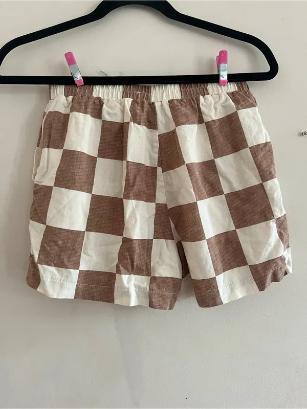 Brown White Check Print Linen Blend Shorts Small Cottagecore Picnic Western - Image 4