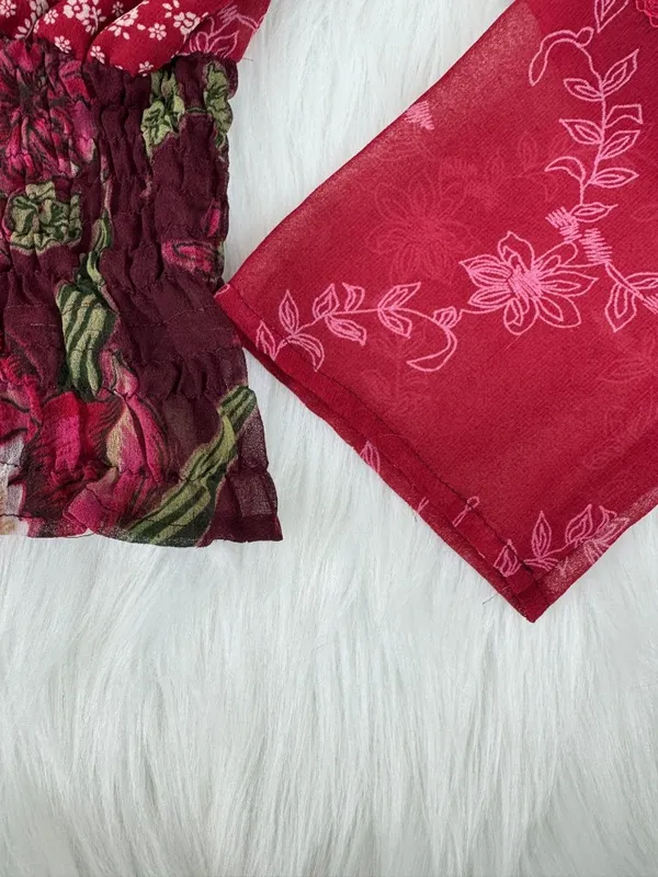 Passport Floral Smocked Elastic Waist Peasant Top Blouse Size L Burgundy - Image 9