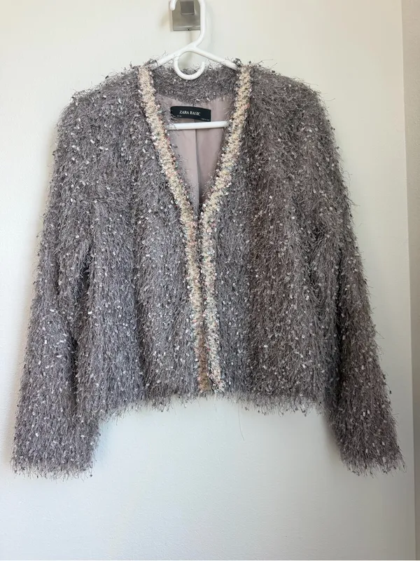 Zara Basic Fringed Fluffy Shaggy Cropped Cardigan Jacket - Image 5