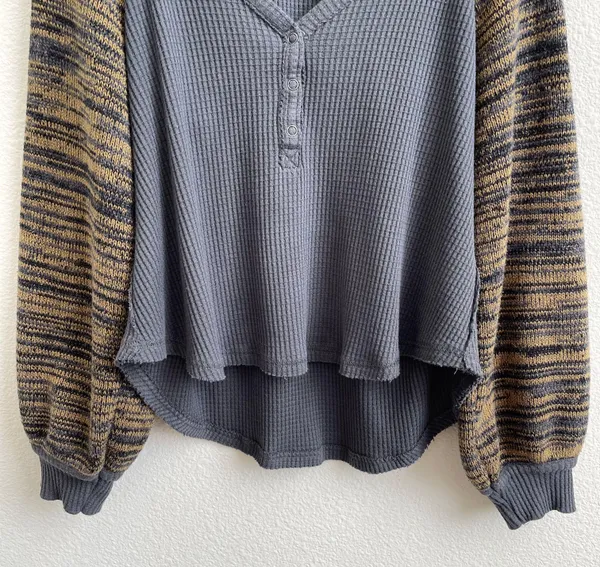 Free People Grey Yellow Stripe Sweet Confession Henley Waffle Knit Pullover - Image 6