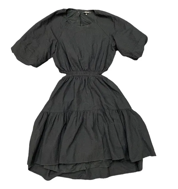 Madewell Seersucker Puff-Sleeve Cutout Mini Dress in Black size Medium - Image 6