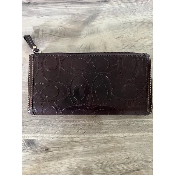 Coach Brown Leather C Monogram Stitched Continental Long Wallet Checkbook - Image 4
