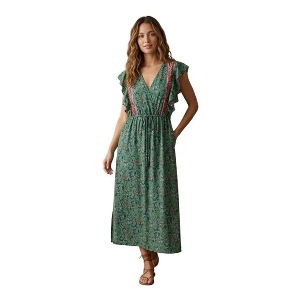 Boemo Ruffle Prairie Floral Green Paisley Maxi Dress V-Neck Ruffle Size Medium - Image 10