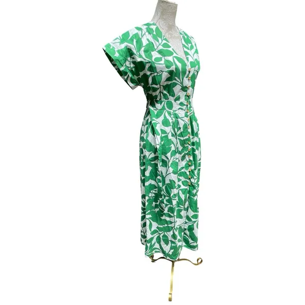 Coastal White Green Botanical Cotton Maxi Shirt Dress Belted Pockets Zara M - Image 7