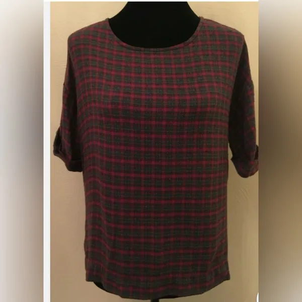 Madewell Tartan Plaid Short Sleeves-Rolled Cuff Top in Red and Green | Sz Medium - Image 12