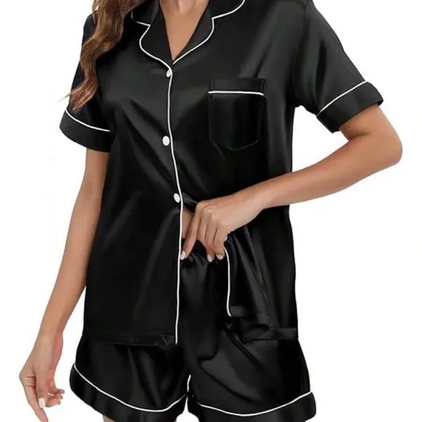 SHEIN Black Satin Short Pajama Set with White Piping - Image 3