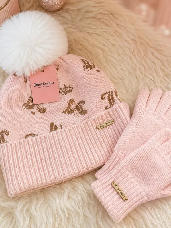 Juicy Couture Kids Pink Pom Pom Beanie & Gloves Set Fits Adults NWT - Image 4