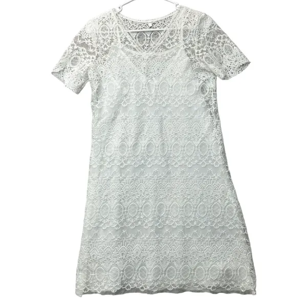 White‎ Lace Sheath Dress M Bridal Shower Courthouse Wedding Guest Garden Party - Image 3