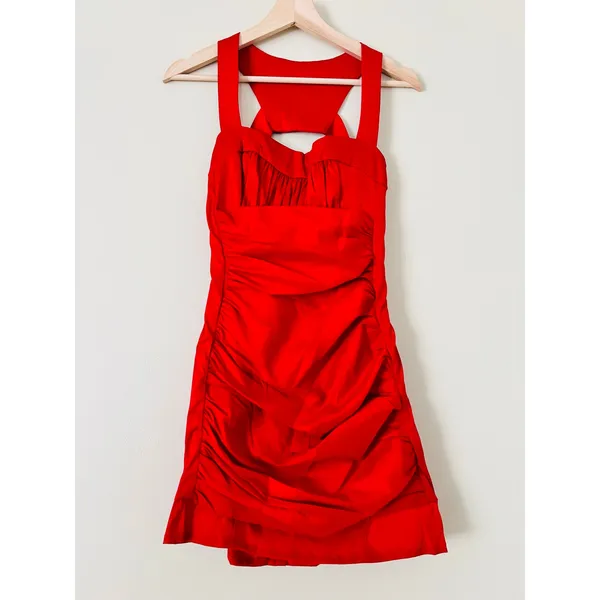 Jessica McClintock‎ Red Mini Cocktail Dress Bodycon Satin 6 Open Back Bandage - Image 3