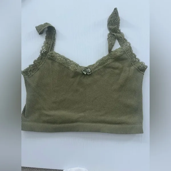 Olive Green Ribbed Lace Trim Crop Top Bralette Festival Y2K Women’s - Image 2