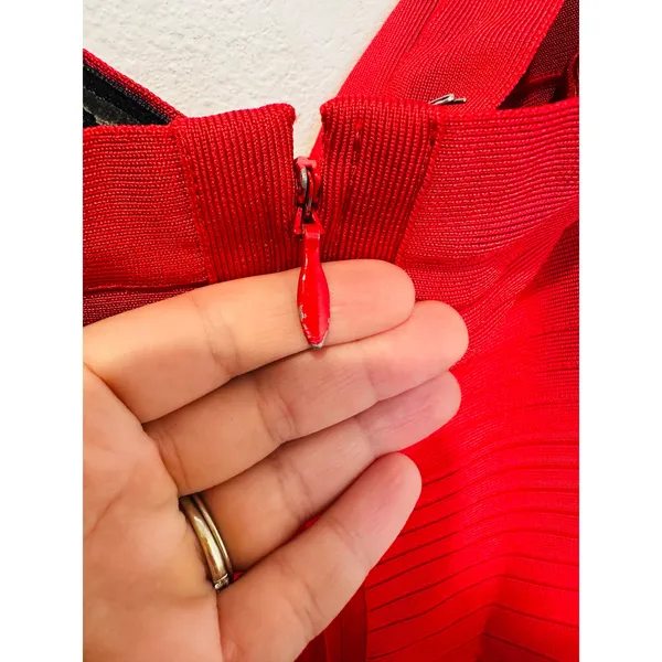 HERVE LEGER Fire Red Isla Signature Bandage Strapless Sleek Sculpted Dress sz S - Image 14