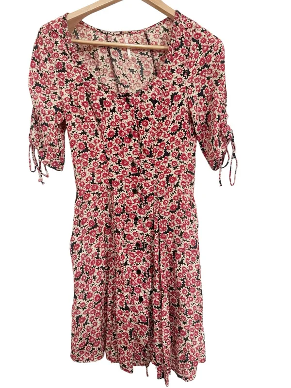 Free People Lace Up Mini Black Combo Dress Buttoned Front Ditsy Floral Print S - Image 4