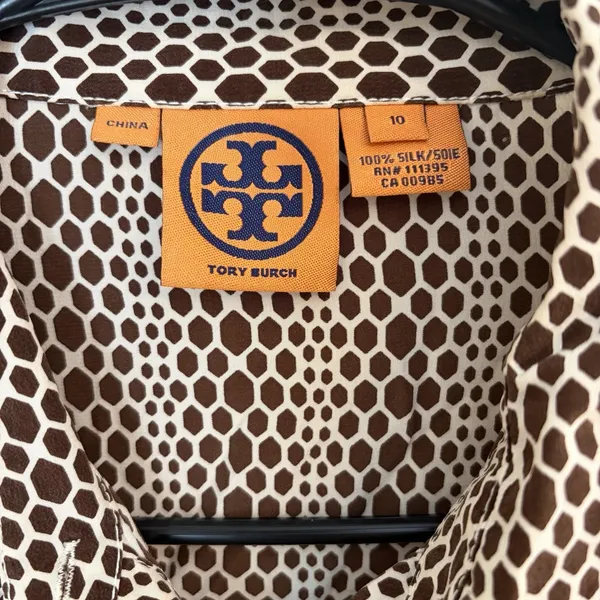 Tory Burch Button Front Silk Blouse Cream Brown Long Sleeve Sz 10 Career Brunch - Image 3