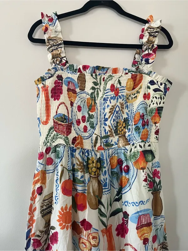 White Red Fruit Novelty Print Smocked Tiered Midi Dress Large Mediterranean - Image 2
