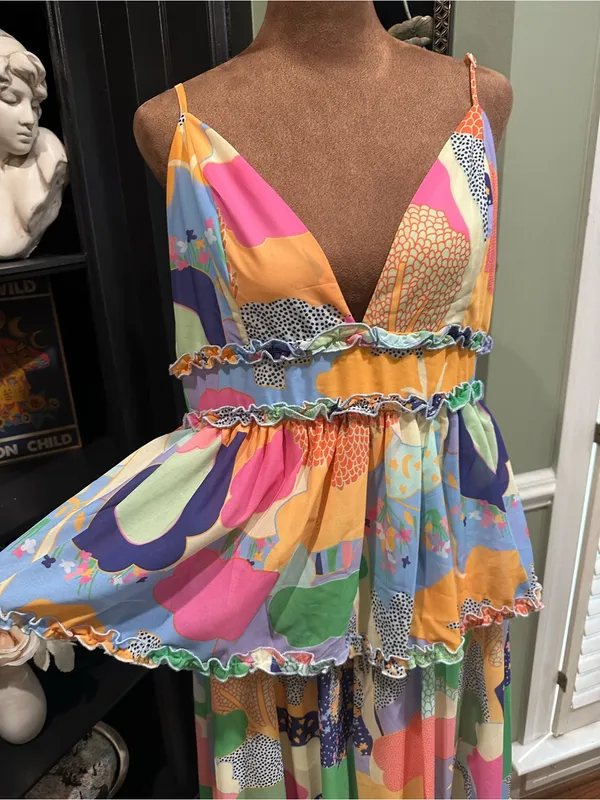 SHEIN Colorful Tiered Maxi Dress – Abstract Print – Adjustable Straps – Size Lar - Image 3