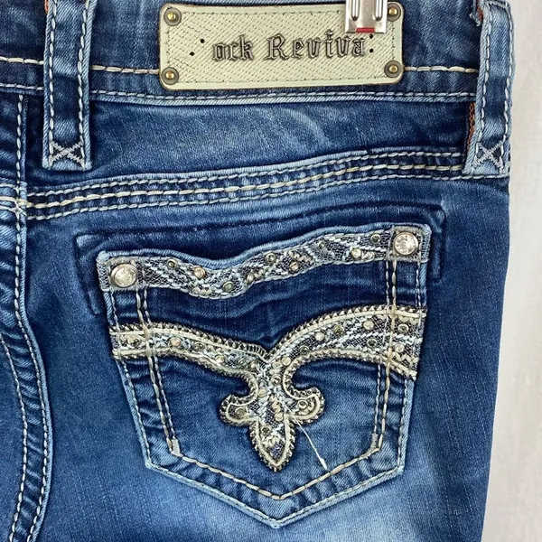 Rock Revival Blue Denim Tansy Mid Rise Curvy Boot Cut Embellished Jeans 27 - Image 4