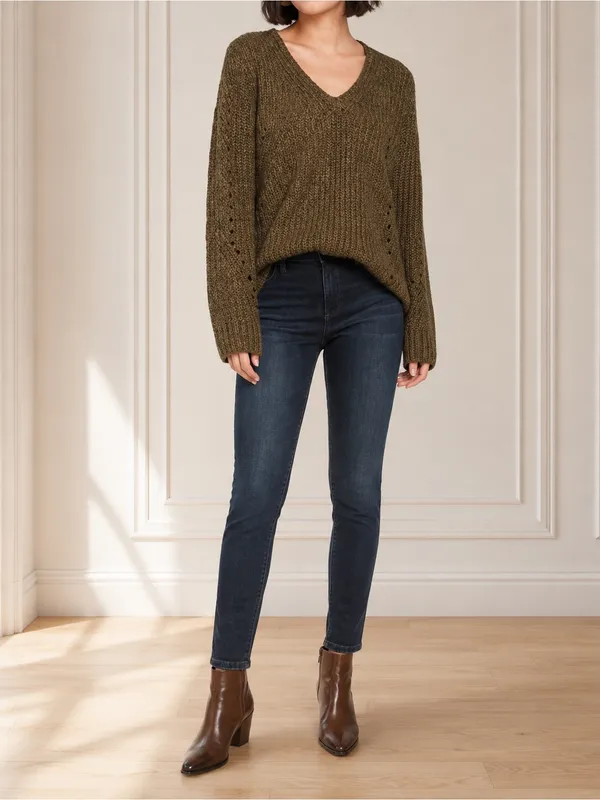 John + Jenn Constance Sweater M Olive Green V Neck Open Knit Oversized Revolve - Image 7
