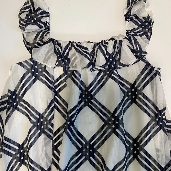 Ann Taylor Navy Blue White Plaid‎ Ruffle Neck Chiffon Midi Dress 6 561128 - Image 9