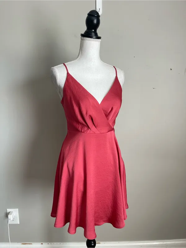 EXPRESS Rose Red Satin Faux Wrap Mini Flare Dress Sz XS - Image 4