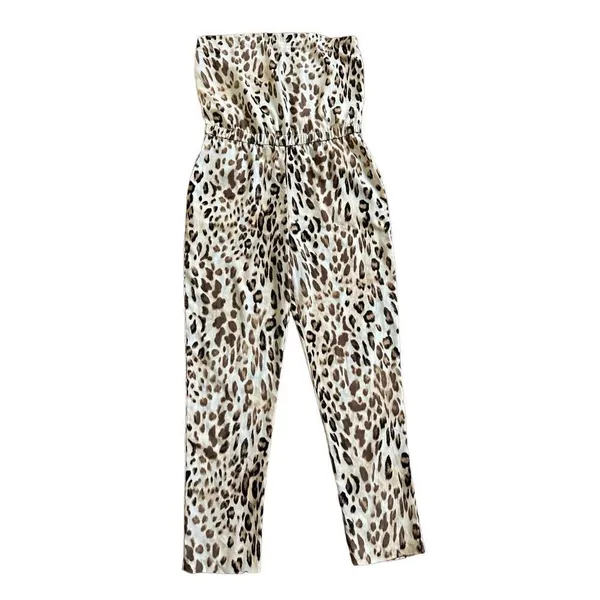 WAYF Leopard Print Jumpsuit Tan Brown‎ Strapless sz M - Image 2