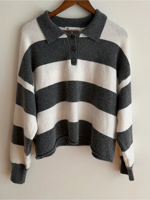 No Boundaries Striped Knit Polo Sweater Henley Grey White XL 16-18 Preppy - Image 8