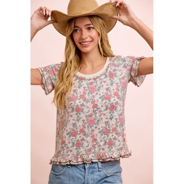 BiBi Rose‎ Printed Slub Knit Ruffled Sleeves Top - Image 6