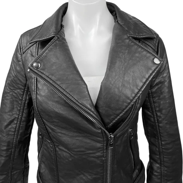 Topshop Womens Black Faux Vegan Leather Zip Up Collar Moto Coat Jacket Size 2 - Image 3