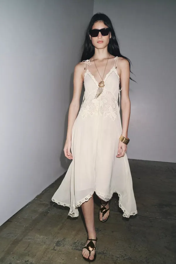 Zara Elegant White Lace Trim Dress beads cream boho hippie summer beach - Image 14
