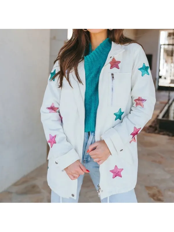 Buddy‎ Love White Denim Sequin Star Jacket Size Medium NWT - Image 2
