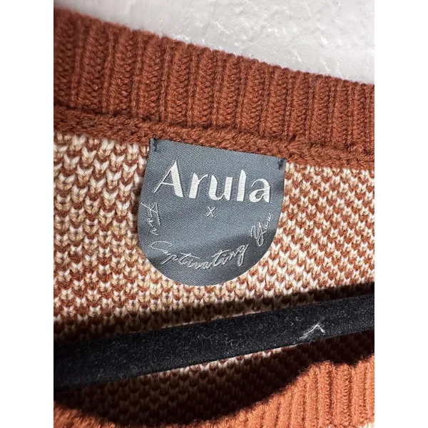 Arula Sweater Womens X Brown Retro Wave Print Crewneck Knit Pullover Plus Top - Image 2