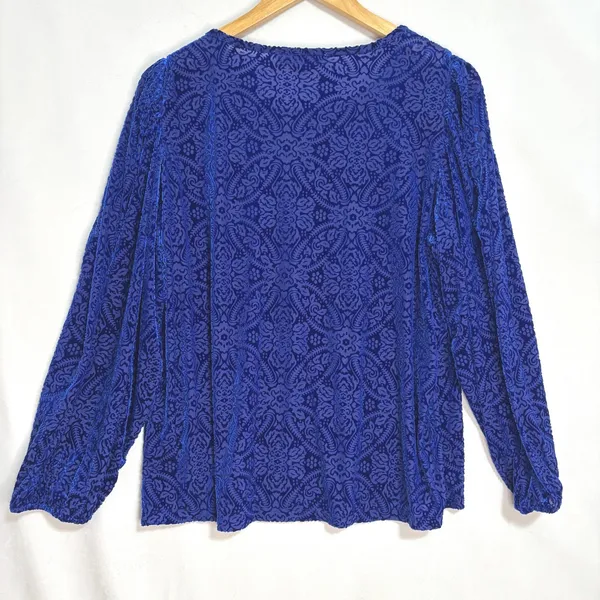 LOFT Blouse Blue Velvet Burnout Damask Puff Sleeve Holiday Party Romantic L - Image 3