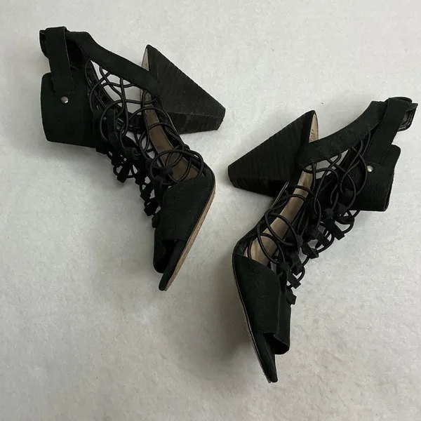 Vince Camuto Black Suede Cage Lace Up Block Heel Sandals Women - Image 3