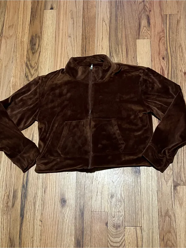 Brown Velour Cropped Track Jacket Zip Up Sweatshirt - Image 2